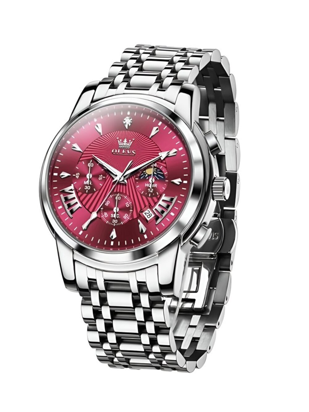 Olevs Men's Stainless Steel Quartz Analog Watch, SILVER/RED